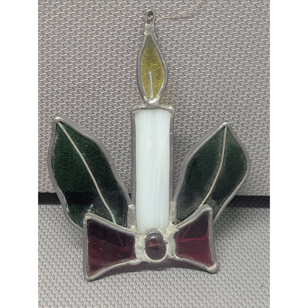Vintage Stained Glass Christmas Candle Suncatcher Holly Leaves Red Bow Ornament